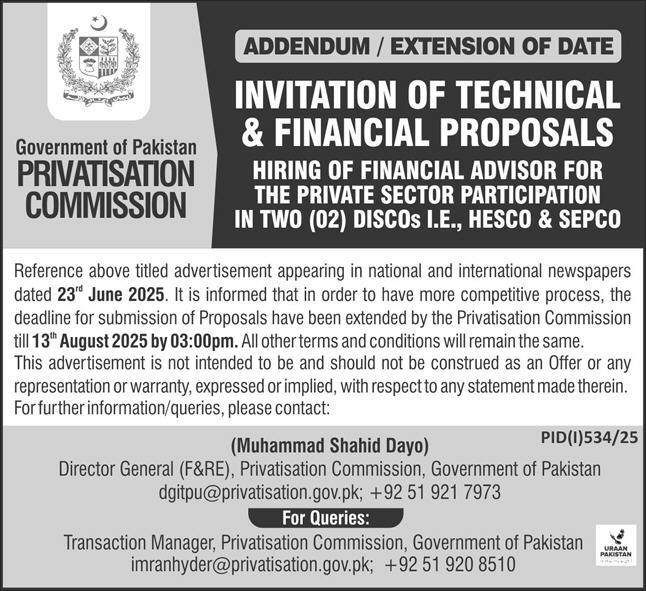 Privatisation Commission Islamabad Tender Notice